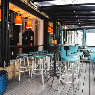 Bar stools and tables.