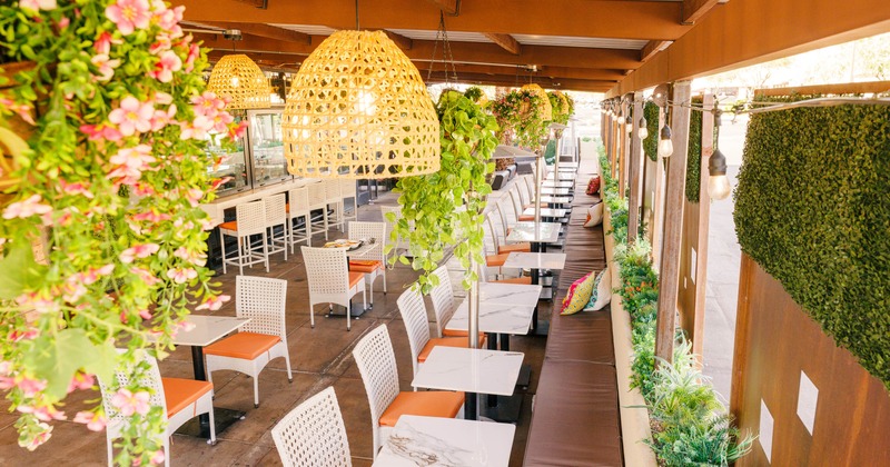 Covered patio, dining and seating space