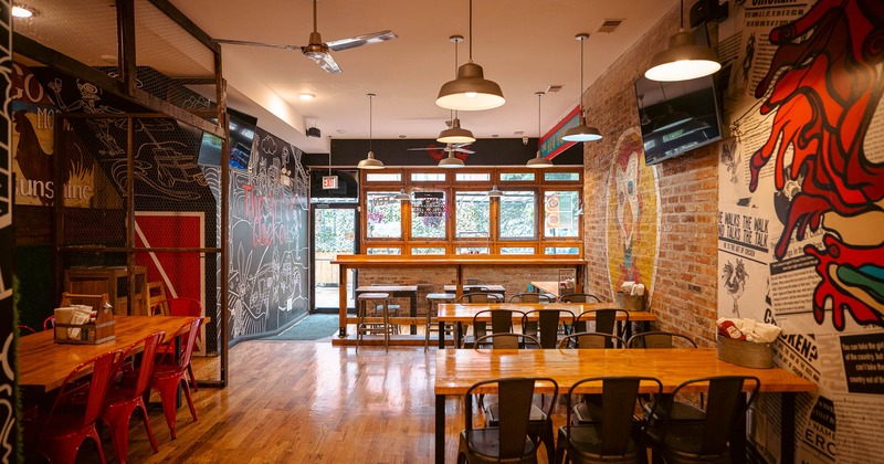 Interior, spacious dining area with tables and chairs