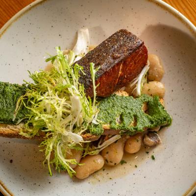 King salmon, served, top view, closeup