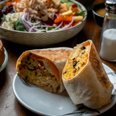 Black bean burrito and other food.