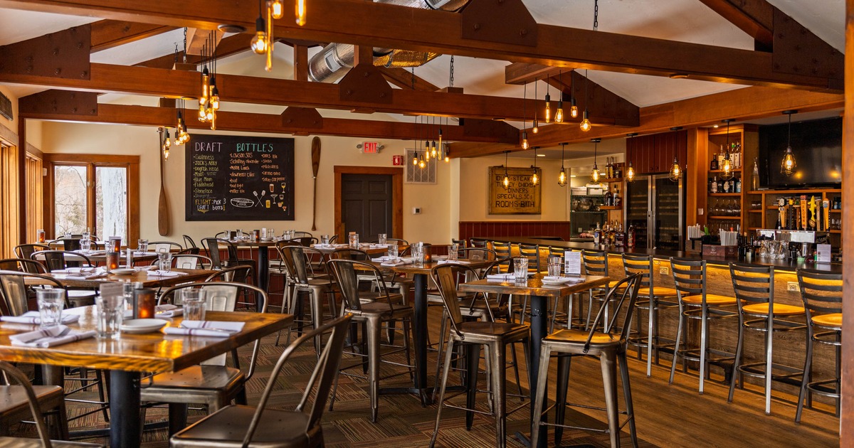 Interior seating area with tables and chairs