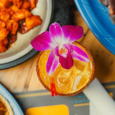 Overhead view of a mango margarita with spicy rim and orchid garnish.