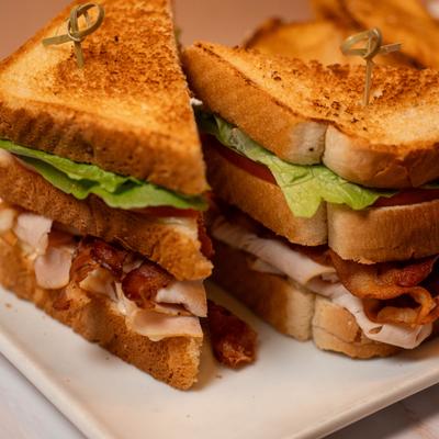 Turkey Club Sandwich, side view.