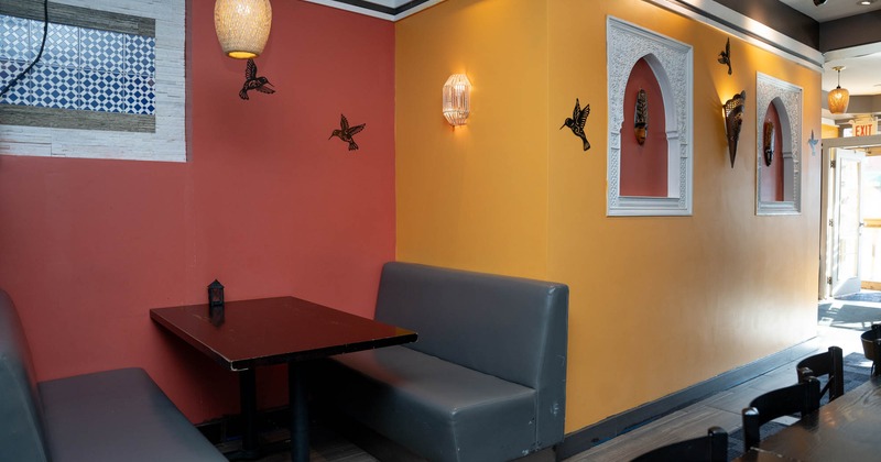 Interior, seating booth and a table