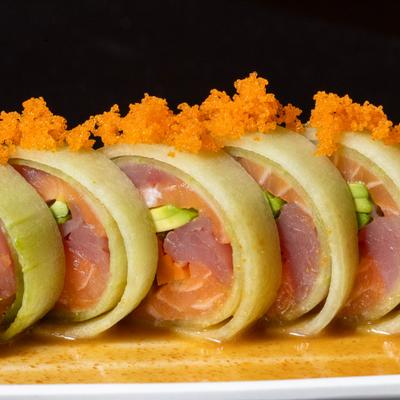 Lady roll with tuna, salmon, and tuna wrapped in thin cucumber, topped with roe.