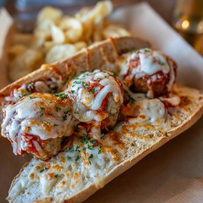 Close up of The Baller hoagie with Italian meatballs, marinara, and East Coast mozzarella.