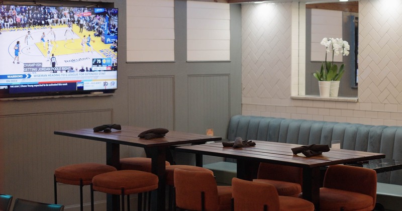 Interior, seating and tables, large TV