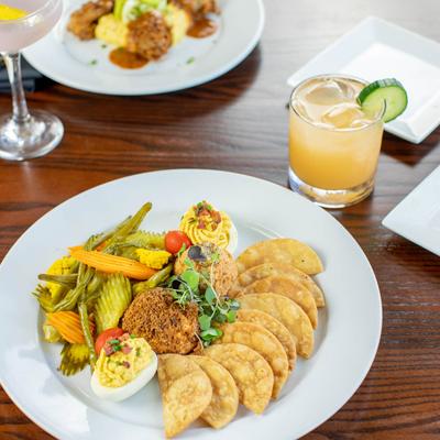 Variety of dishes and drinks on a table