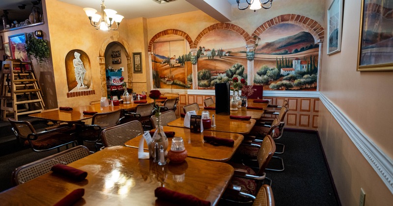 Interior, tables and chairs lined up