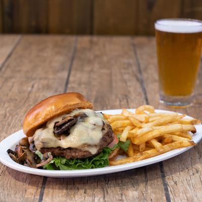 Mushroom Swiss Burger with fries