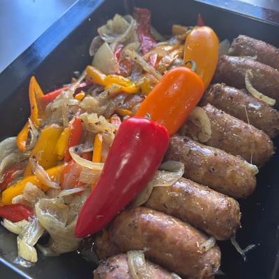Grilled sausage, pepper, and onion.
