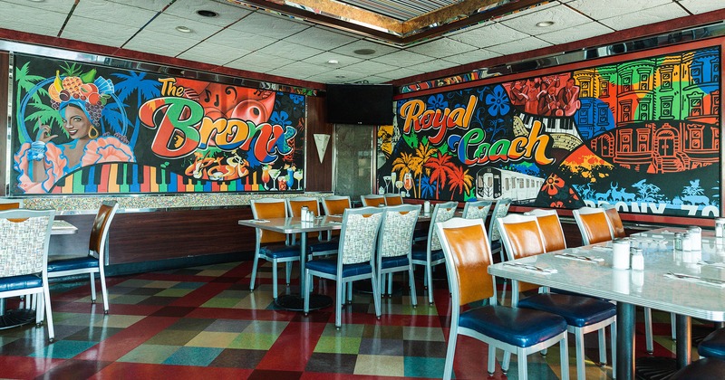 Interior, dining tables, mural art