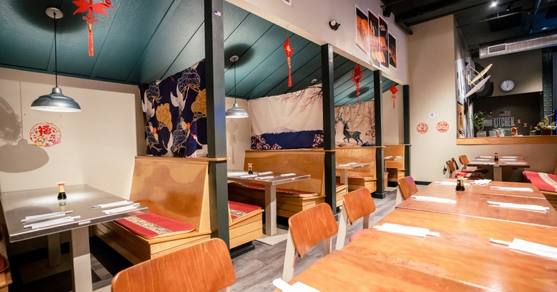 Interior with wooden seating booths