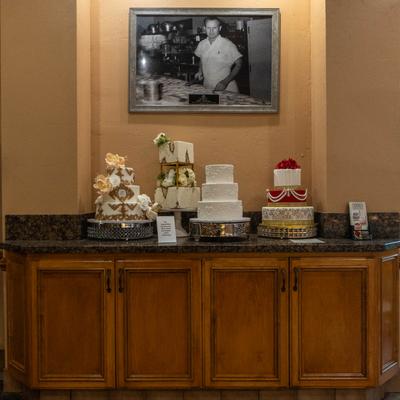 Large cakes on display.