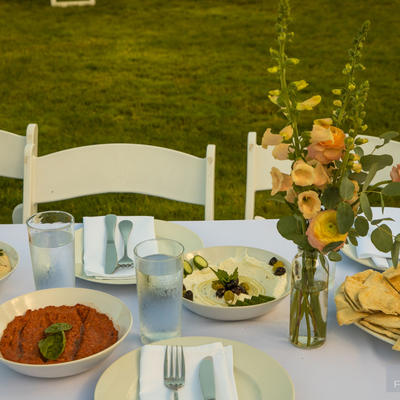 Tables setup, dips with flat bread