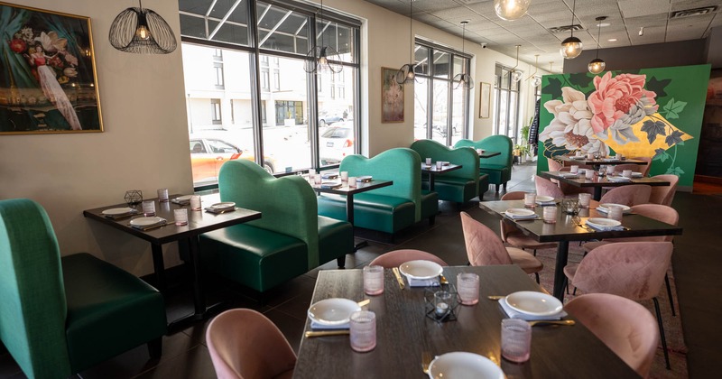 Interior, wide view, dining area, tables, chairs and seating booths