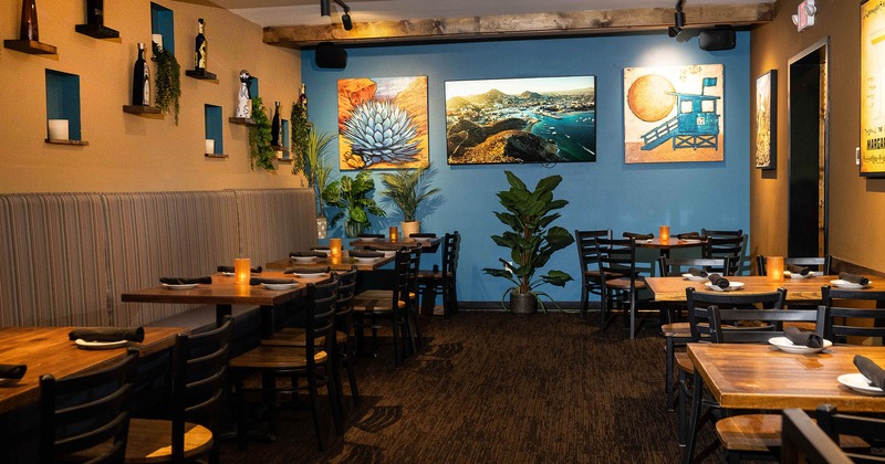 Interior, dining area with pictures on the wall