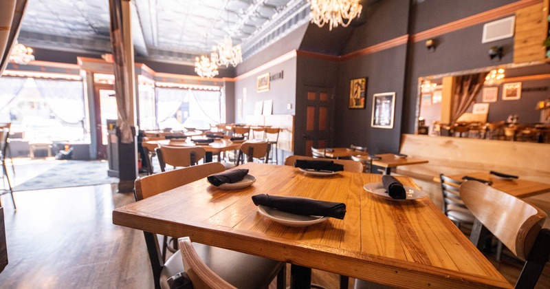 Interior, dining area, tables with tableware