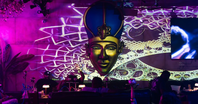 Interior, Light effects above the seating area, large pharaoh mask