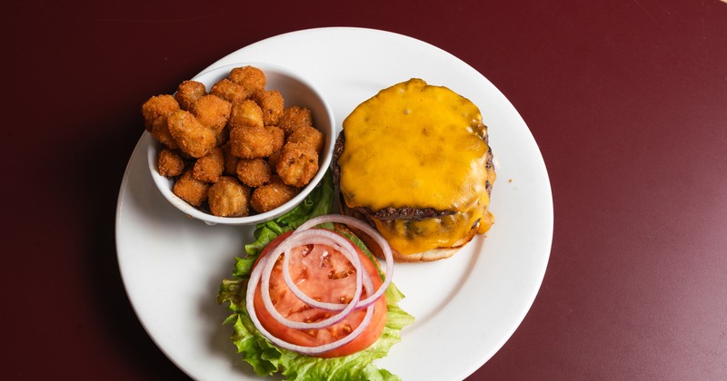 Burger with mayo, lettuce, tomato, and onion, served with fried okra