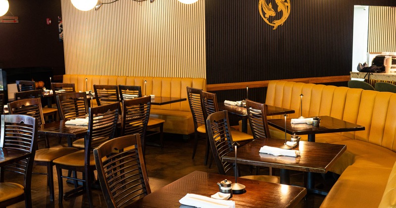 Interior, tables, chairs and high back, leather benches