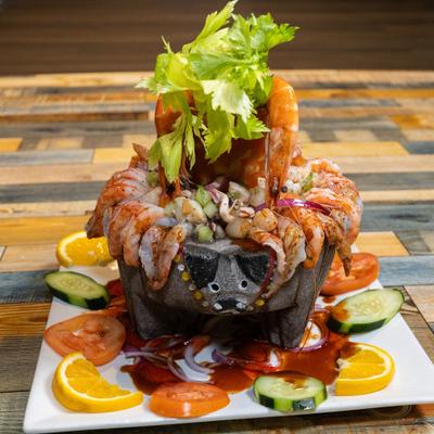 A Mexican seafood molcajete.