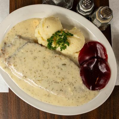 Beef with Dill Gravy.