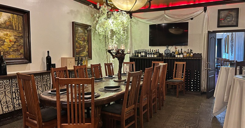 Interior, long dining table and chairs