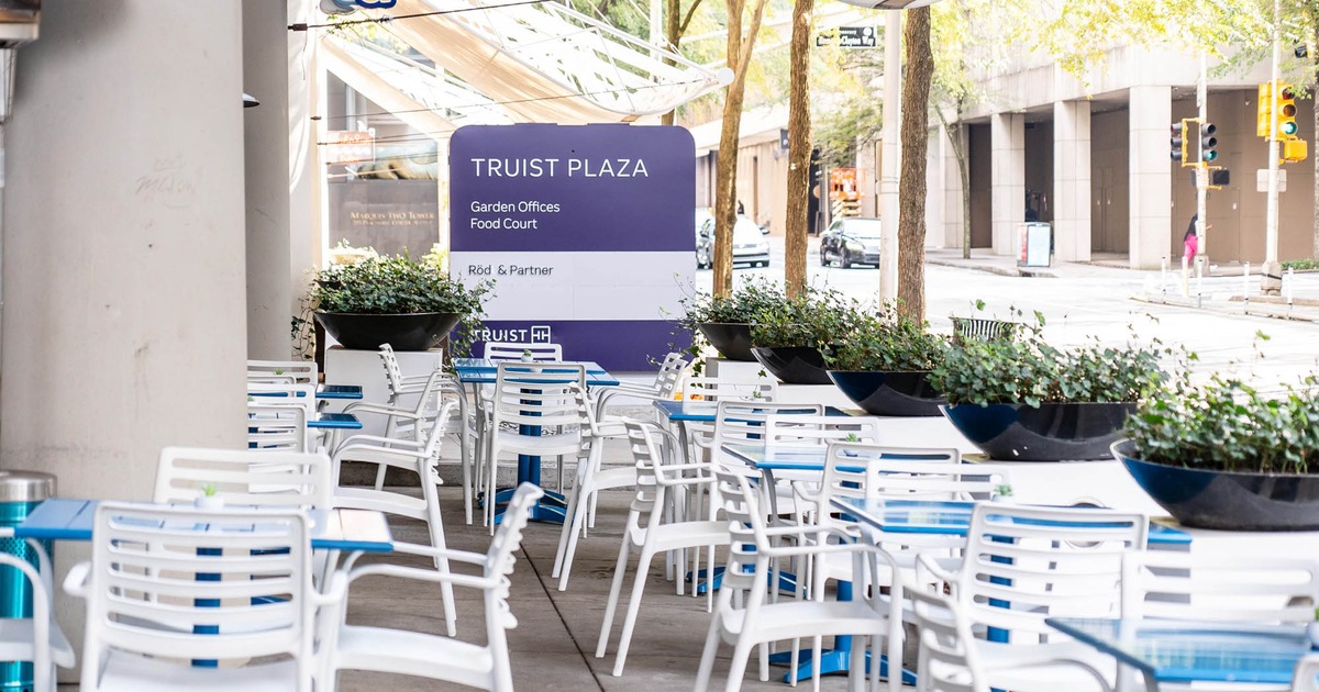 Exterior, patio, white tables and chairs