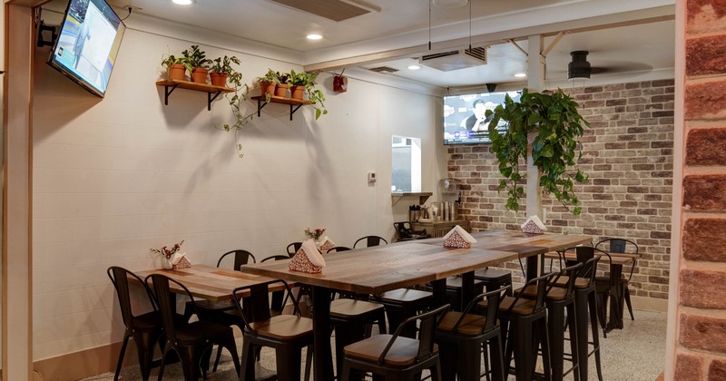 Interior, dining area, high and regular seating area, potted plant decoration