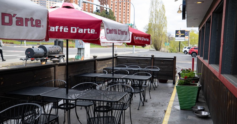 Exterior, seating area with sun umbrellas