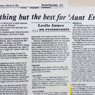 A newspaper clipping from The San Diego Union focusing on restaurant reviews