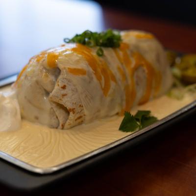 Drunken Wet Burrito, close-up.