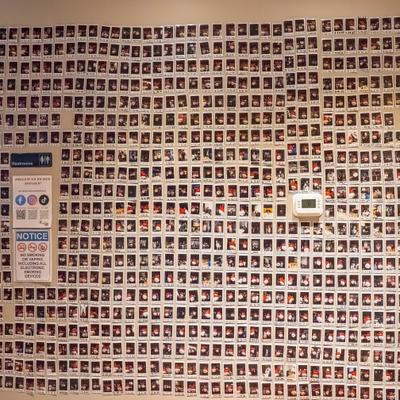 Decorative wall covered with numerous polaroid pictures.