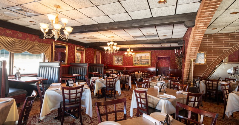 Interior, seating area, booths, chandeliers