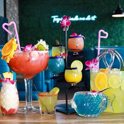 Various prepared cocktails and drinks.