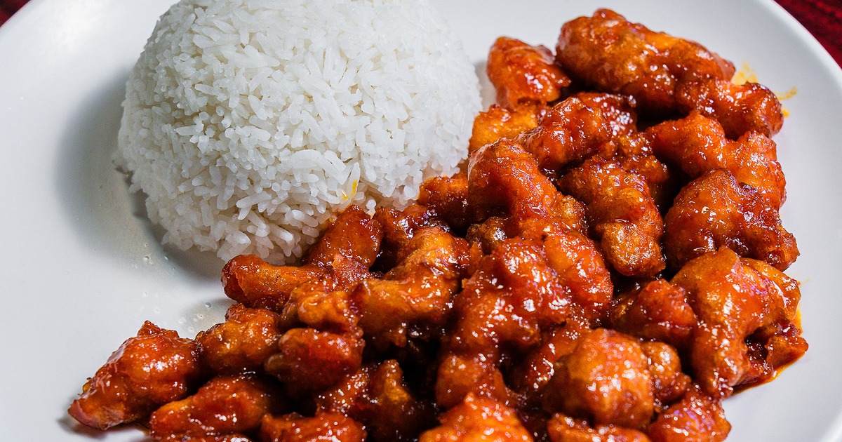 Orange chicken served with white rice