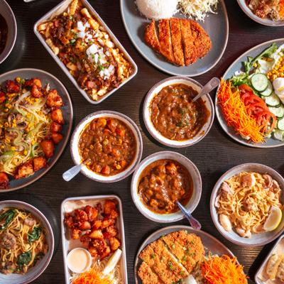 A top view of served meals.