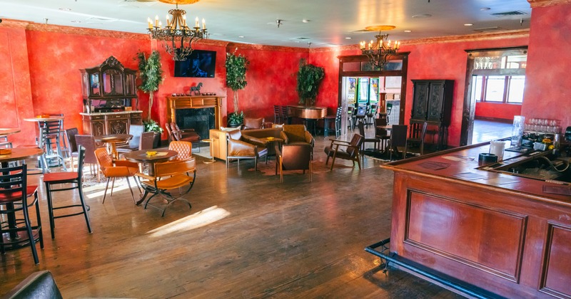 Interior, eclectic seating area, chandeliers, plants, red walls, leather chairs