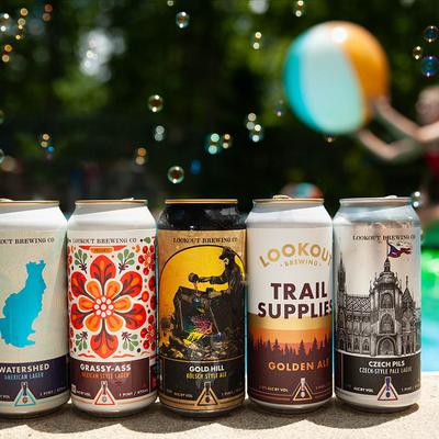Assorted beer cans lined up outdoors with bubbles floating.