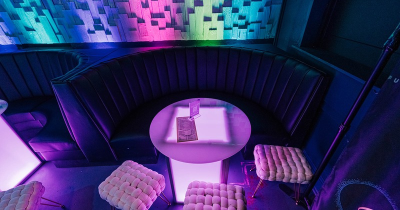 Night club interior, top view of upholstered booth