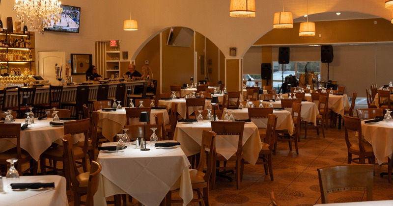 Elegant restaurant interior with wooden chairs