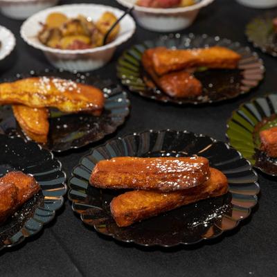 Catering table, Beignets plates.