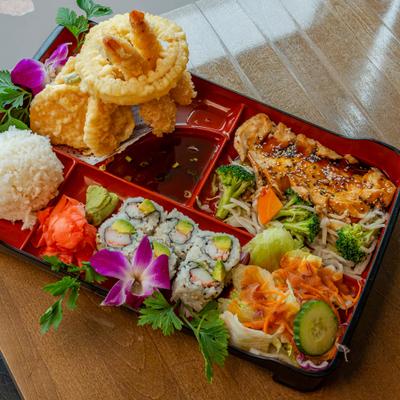 Chicken teriyaki, shrimp and veggie tempura, California roll.