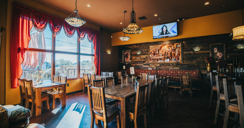 Restaurant interior, tables, chairs, windows