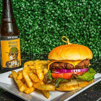 Cheeseburger with fries and Voodoo Ranger IPA.