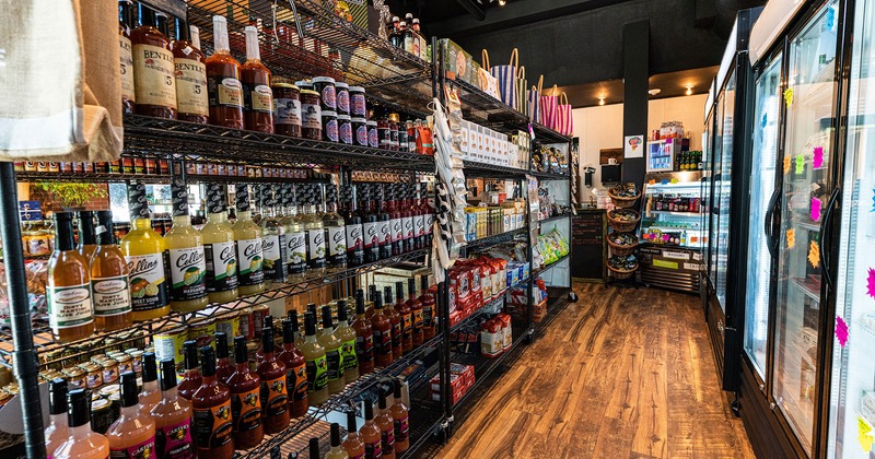 Interior, market shelves and fridges with products