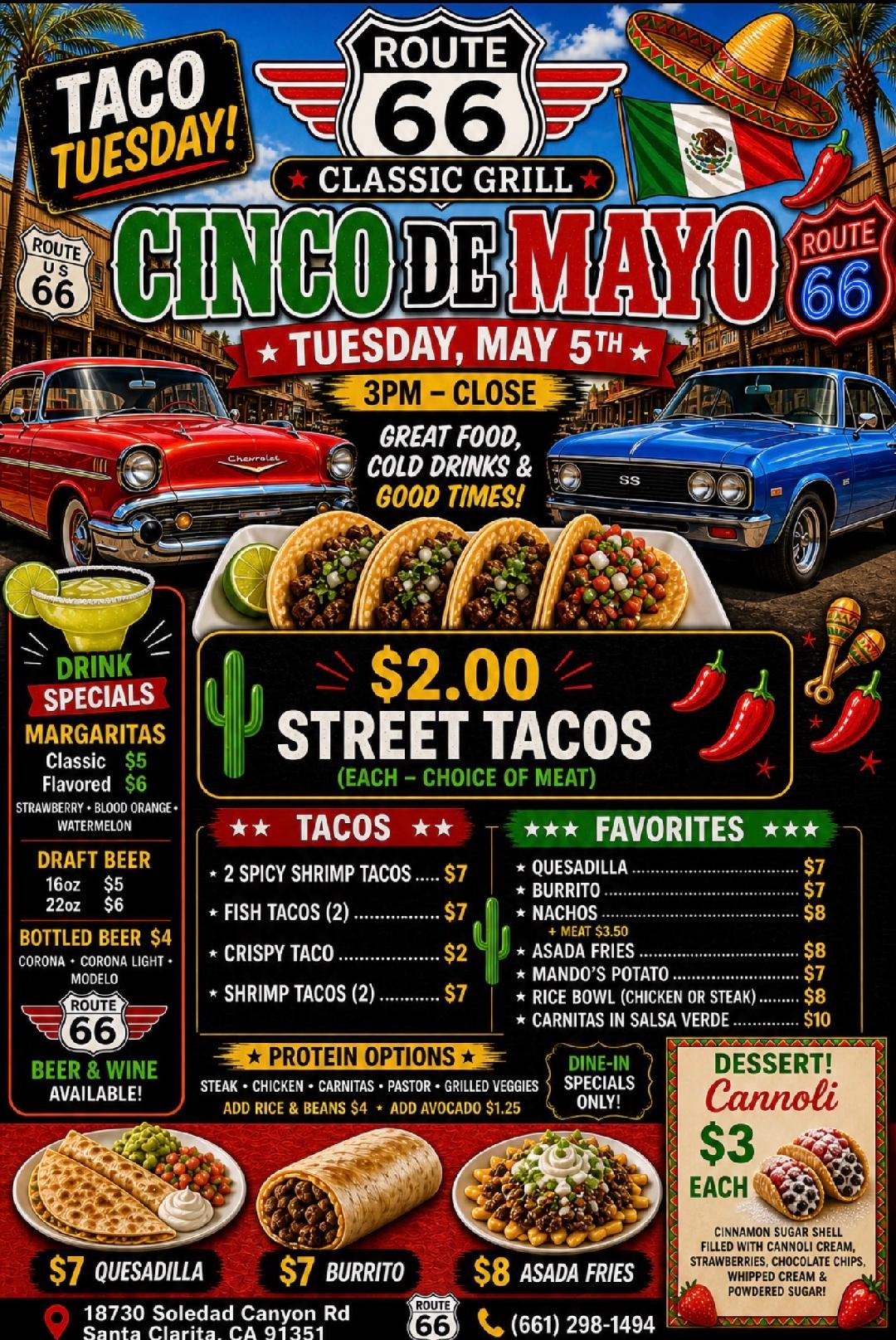 Cinco De Mayo menu specials at Route 66 Classic Grill