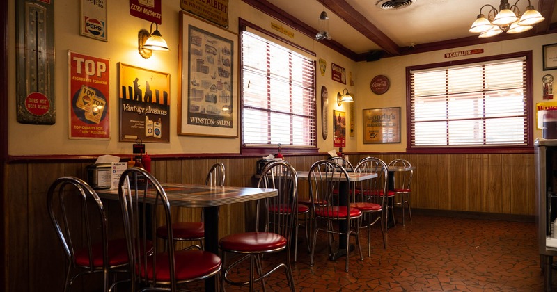 Interior, chairs and tables, two  large windows